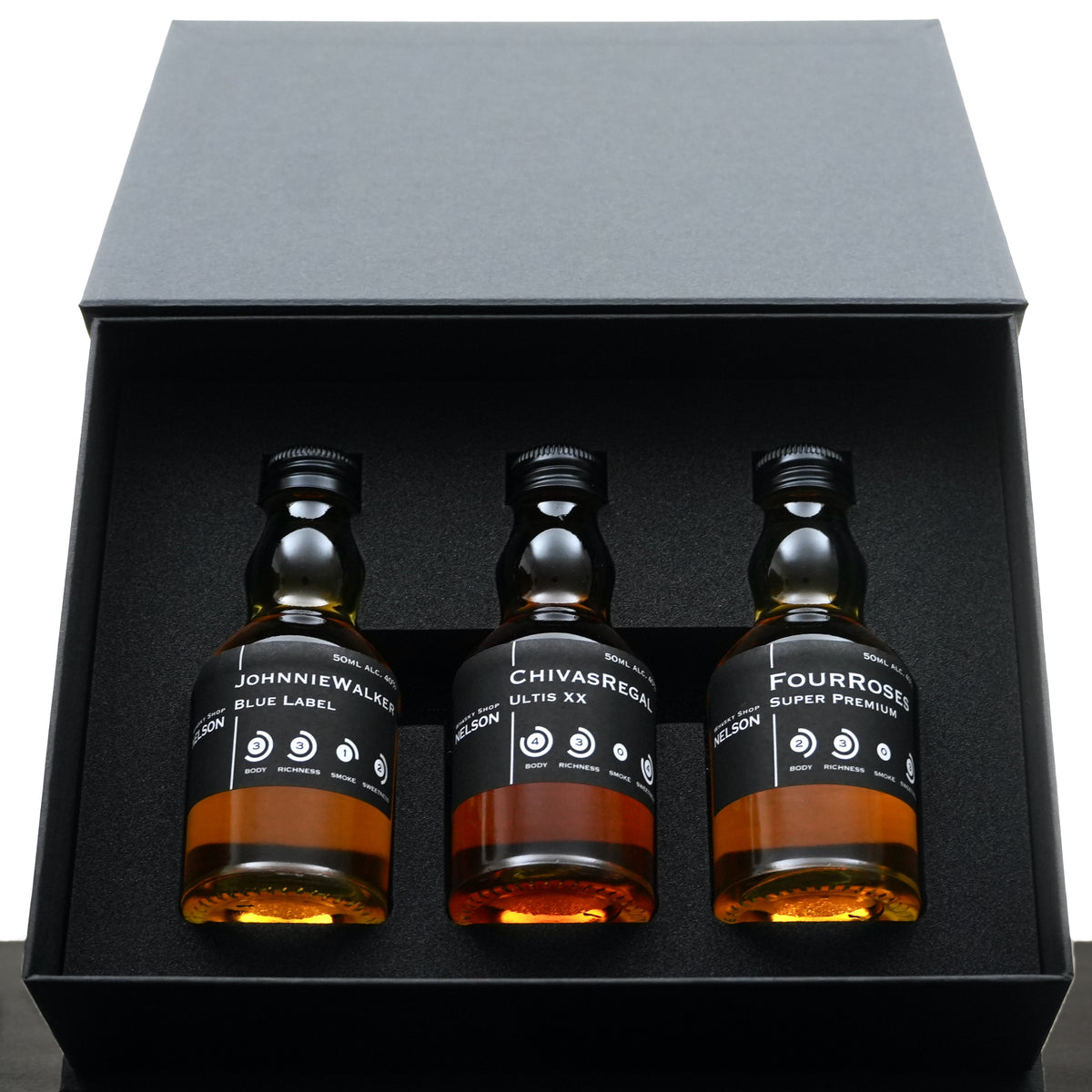 黒い専用箱に収めた特別な夜に飲みたい贅沢なウイスキー50ml 3本の飲み比べギフトセット